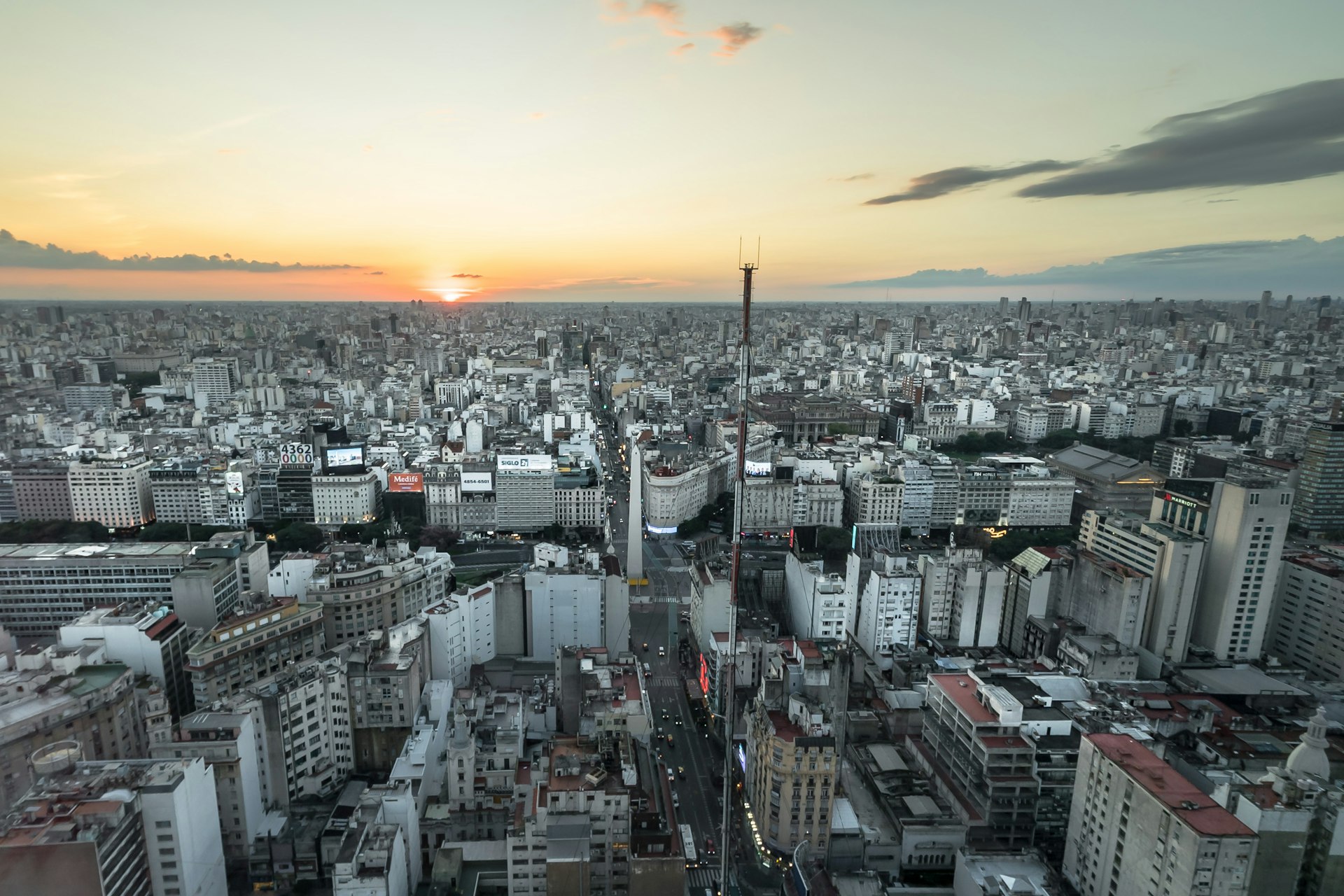 Aerial view of the city of Buenos Aires at sunset